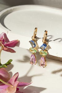 Earring Blue Green Pink Crystal - 18k Gold Plated