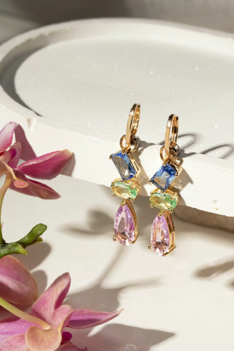 Earring Blue Green Pink Crystal - 18k Gold Plated